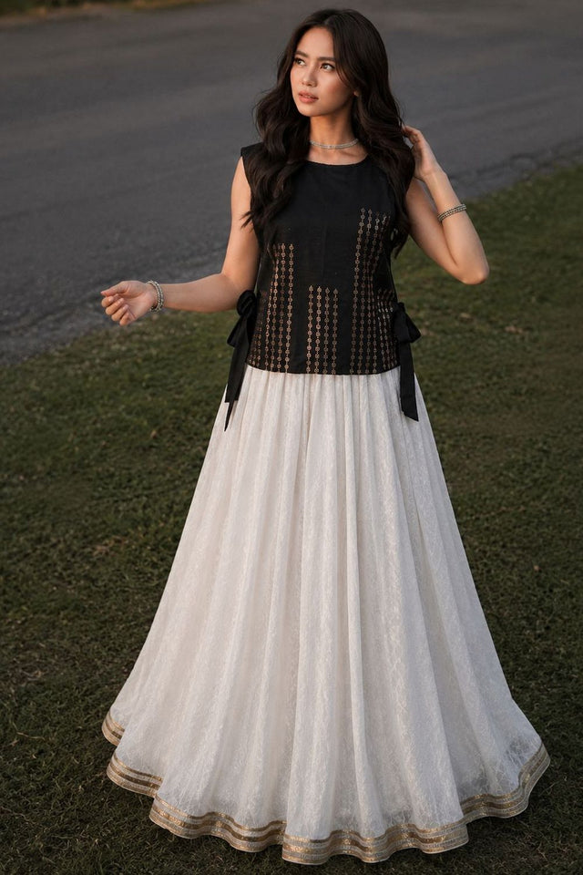 Black Embellished Cotton Short Top (ACB1173)