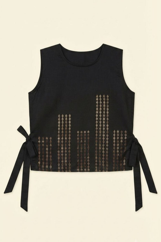 Black Embellished Cotton Short Top (ACB1173)