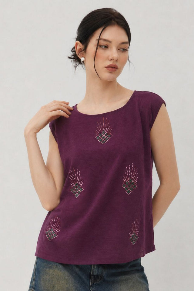 Purple Embellished Cotton Short Top (ACB1174)