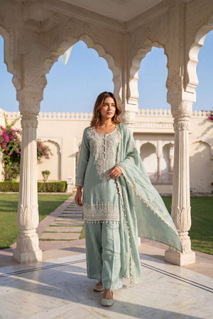 Sea Green Floral Embroidered Tissue Sharara Suit (ACB1176)