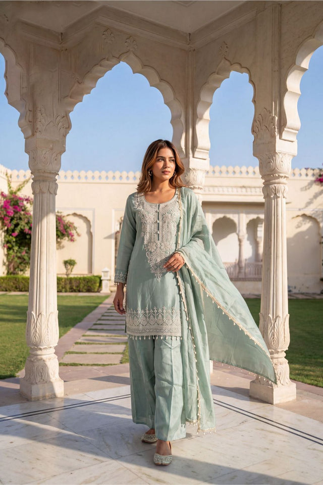 Sea Green Floral Embroidered Tissue Sharara Suit (ACB1176)