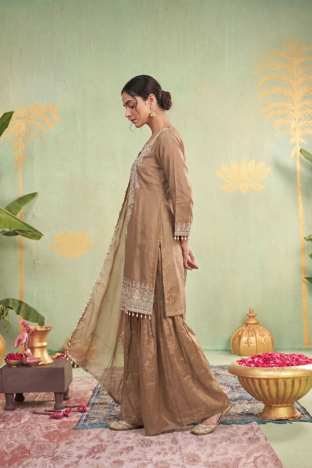 Beige Floral Embroidered Tissue Sharara Suit (ACB1178)