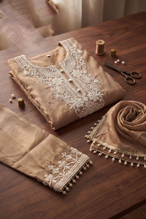 Beige Floral Embroidered Tissue Sharara Suit (ACB1178)