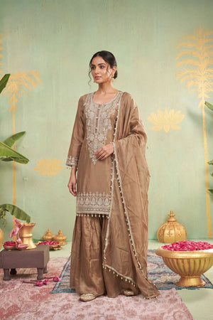 Beige Floral Embroidered Tissue Sharara Suit (ACB1178)