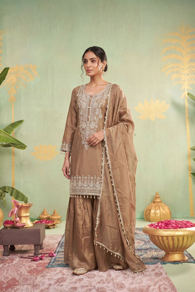 Beige Floral Embroidered Tissue Sharara Suit (ACB1178)