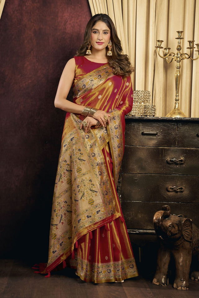 Rust Woven Tissue Saree (ACB1183)