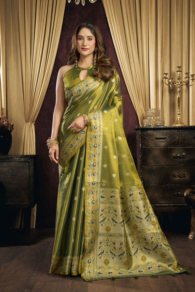 Green Woven Tissue Saree (ACB1184)