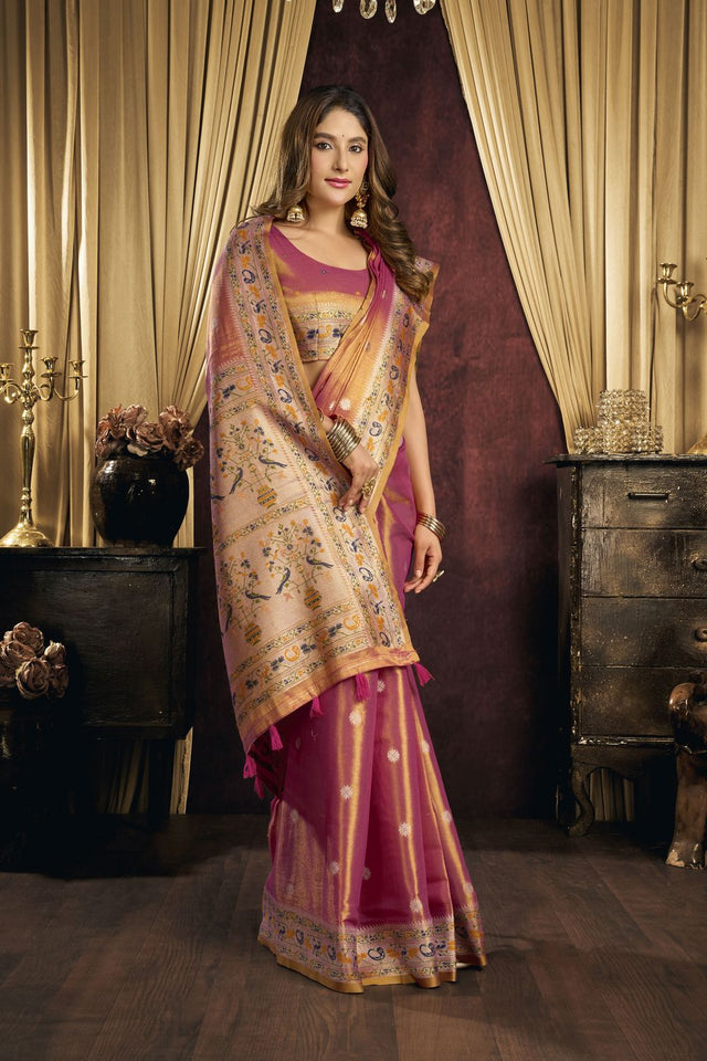 Pink Woven Tissue Saree (ACB1186)