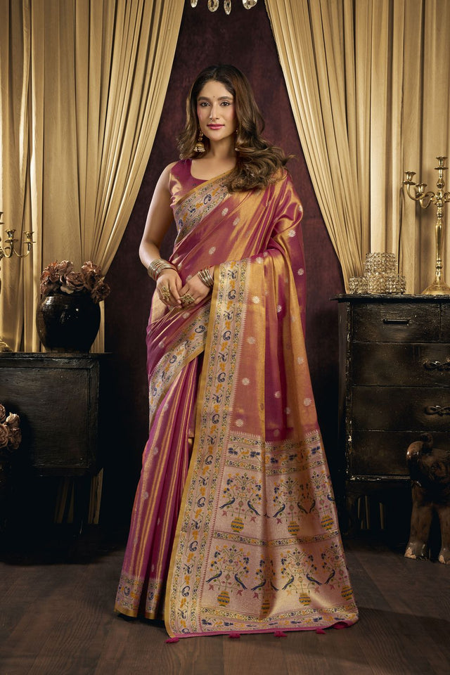 Pink Woven Tissue Saree (ACB1186)