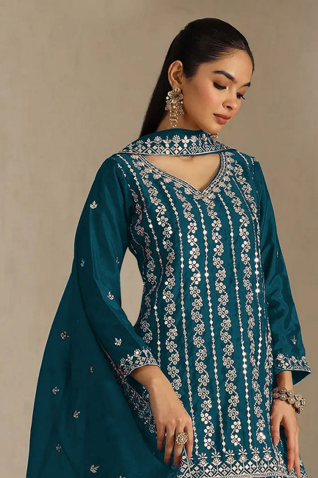 Turquoise Sequin with Embroidered Chinon Sharara Suit (ACB1197)