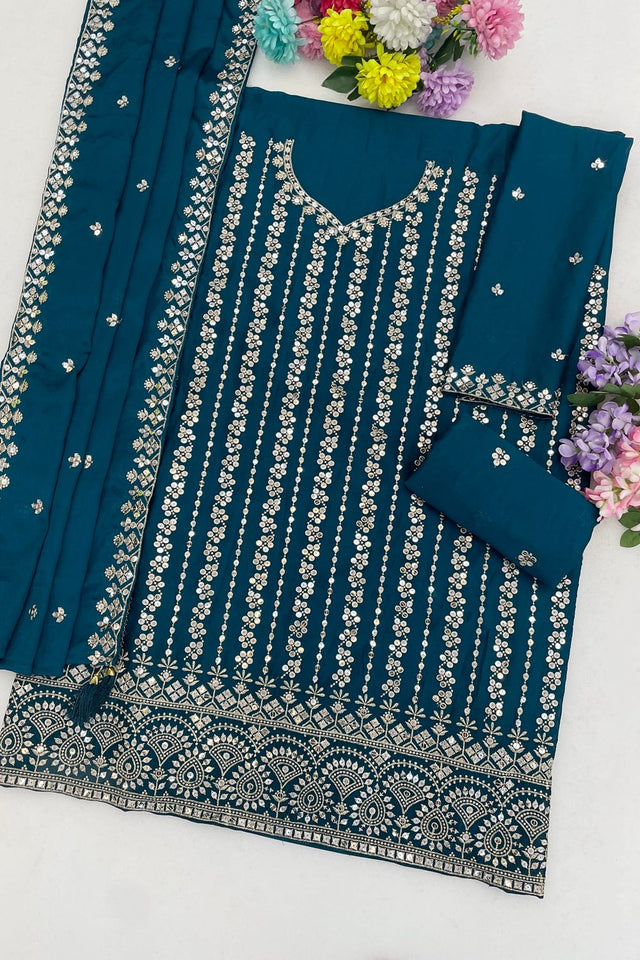 Turquoise Sequin with Embroidered Chinon Sharara Suit (ACB1197)