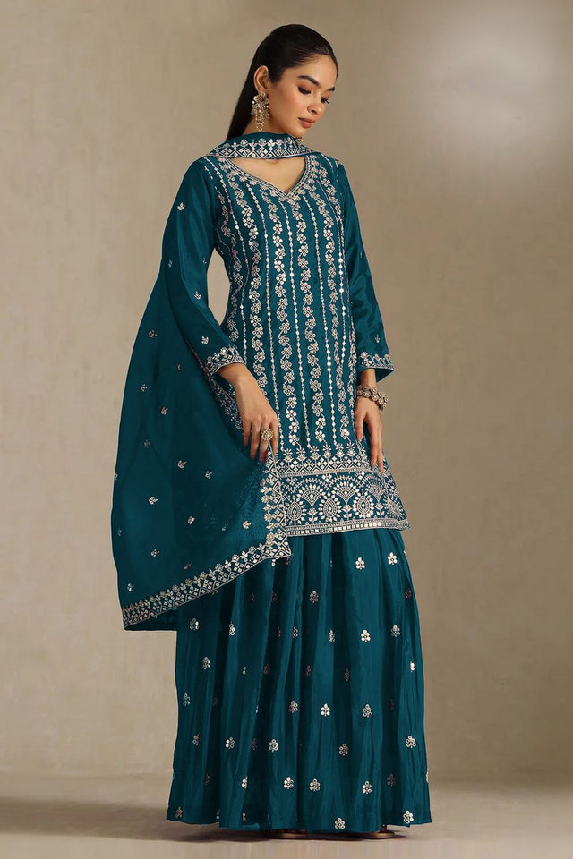 Turquoise Sequin with Embroidered Chinon Sharara Suit (ACB1197)