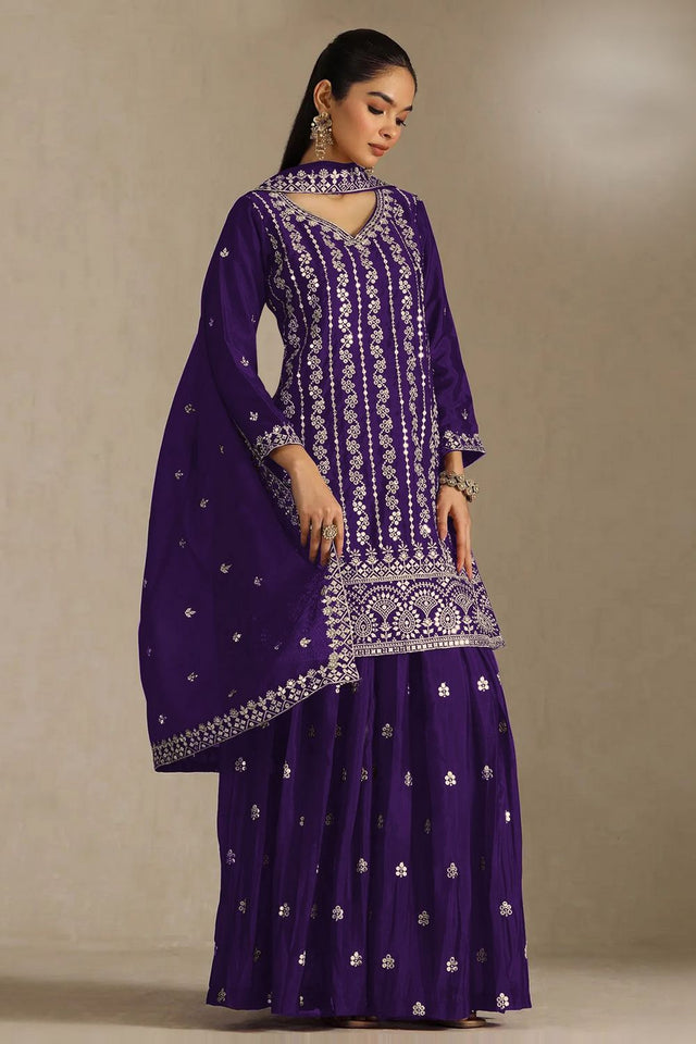 Violet Sequin with Embroidered Chinon Sharara Suit (ACB1198)