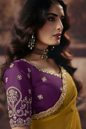 Mustard Beads Embossed Organza Saree (ACB1212)