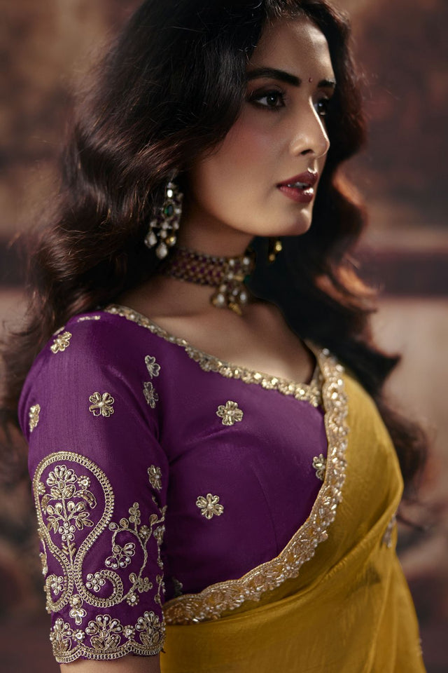 Mustard Beads Embossed Organza Saree (ACB1212)