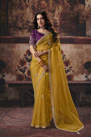 Mustard Beads Embossed Organza Saree (ACB1212)