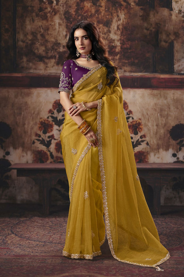 Mustard Beads Embossed Organza Saree (ACB1212)