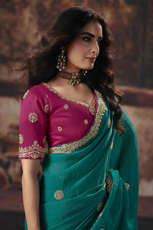 Turquoise Beads Embossed Bemberg Saree (ACB1213)
