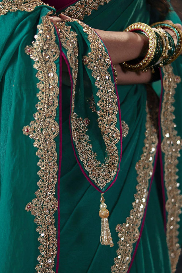 Turquoise Beads Embossed Bemberg Saree (ACB1213)