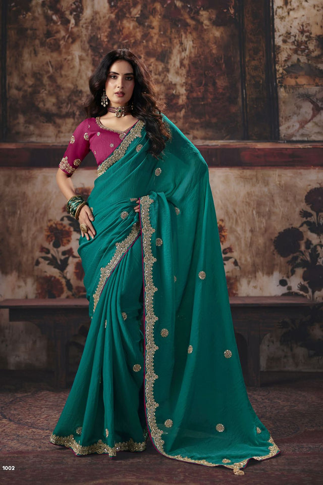 Turquoise Beads Embossed Bemberg Saree (ACB1213)
