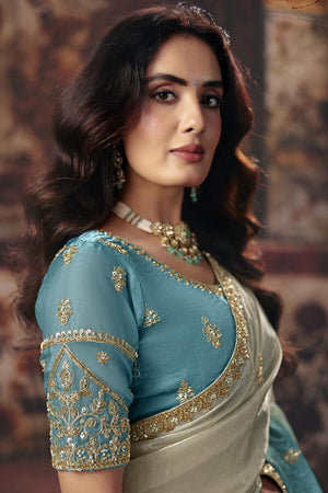 Blue Beads Embossed Satin Saree (ACB1215)