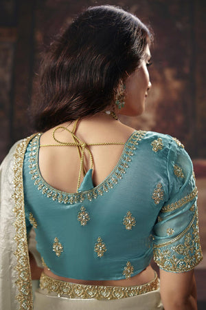 Blue Beads Embossed Satin Saree (ACB1215)