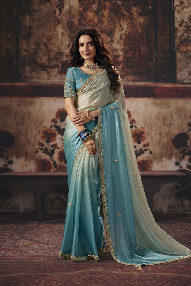 Blue Beads Embossed Satin Saree (ACB1215)