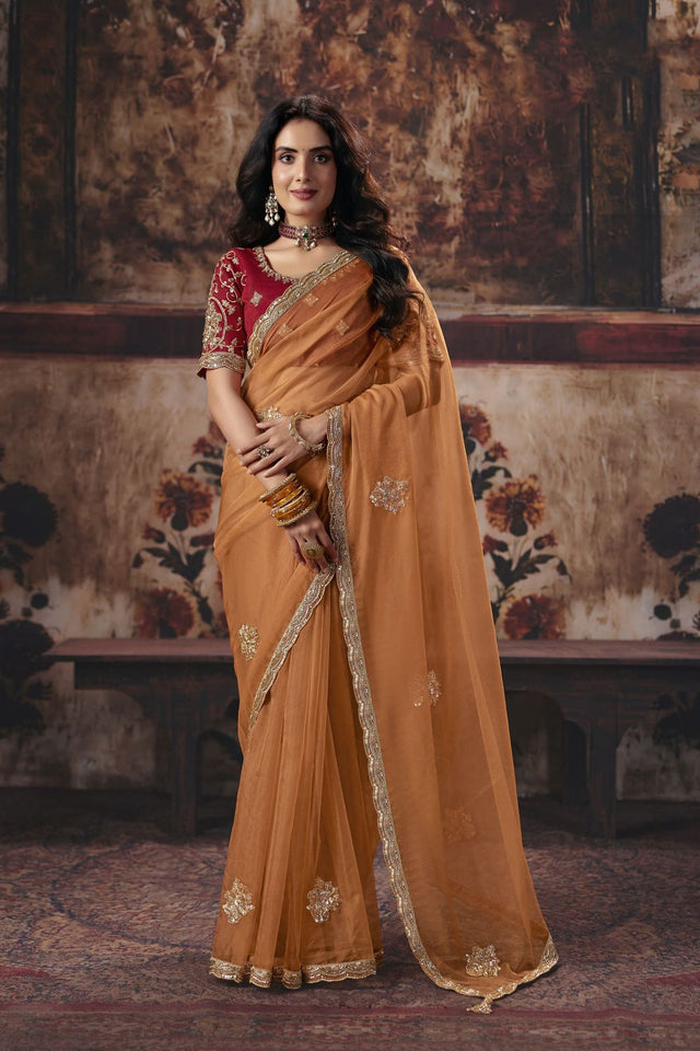 Orange Beads Embossed Organza Saree (ACB1217)