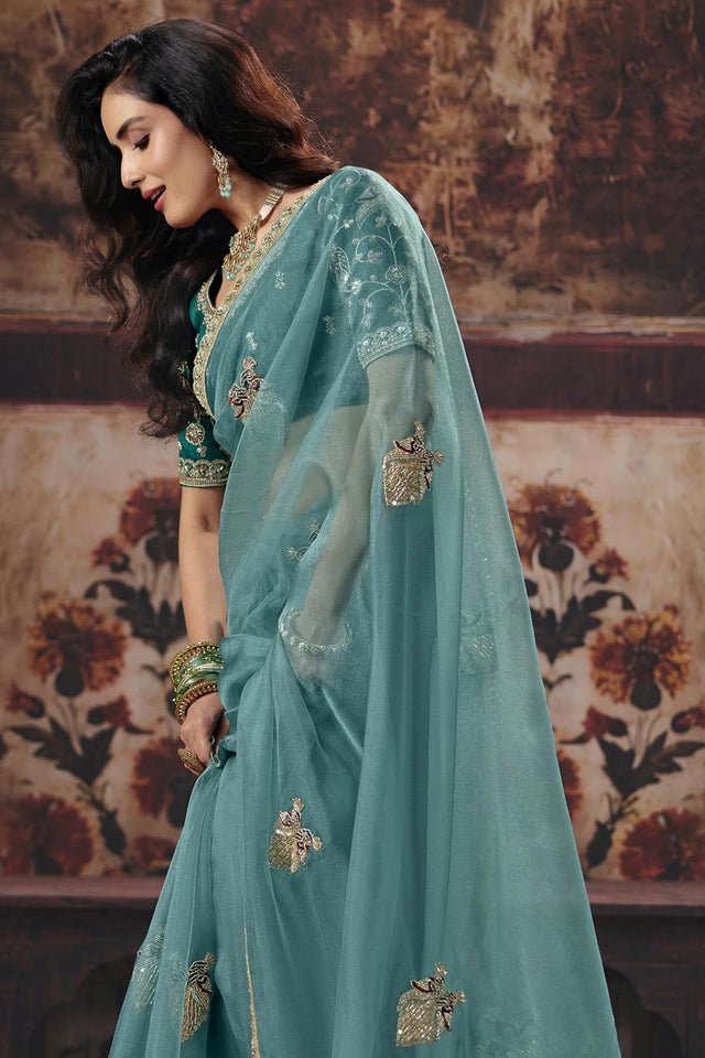Blue Beads Embossed Organza Saree (ACB1218)
