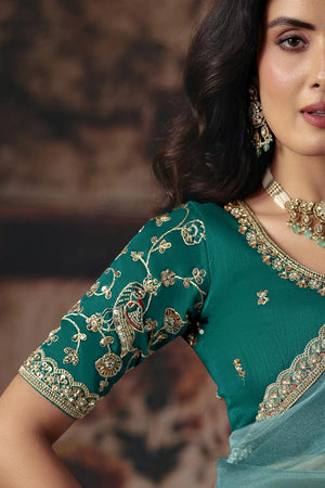 Blue Beads Embossed Organza Saree (ACB1218)