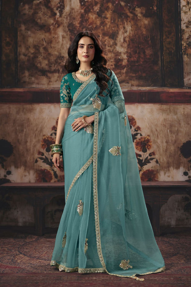 Blue Beads Embossed Organza Saree (ACB1218)