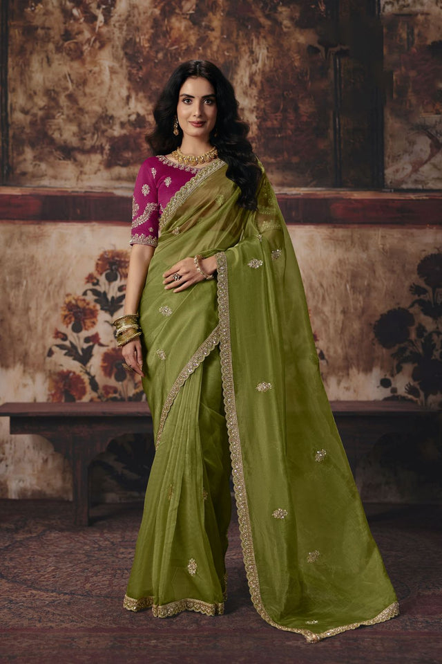 Mehendi Beads Embossed Organza Saree (ACB1219)
