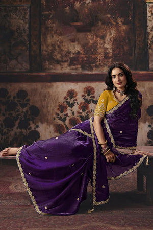 Purple Beads Embossed Satin Saree (ACB1220)