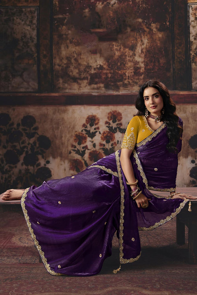 Purple Beads Embossed Satin Saree (ACB1220)