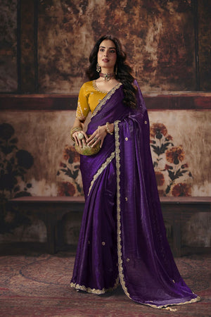 Purple Beads Embossed Satin Saree (ACB1220)