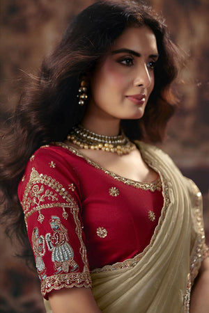 Beige Beads Embossed Organza Saree (ACB1221)