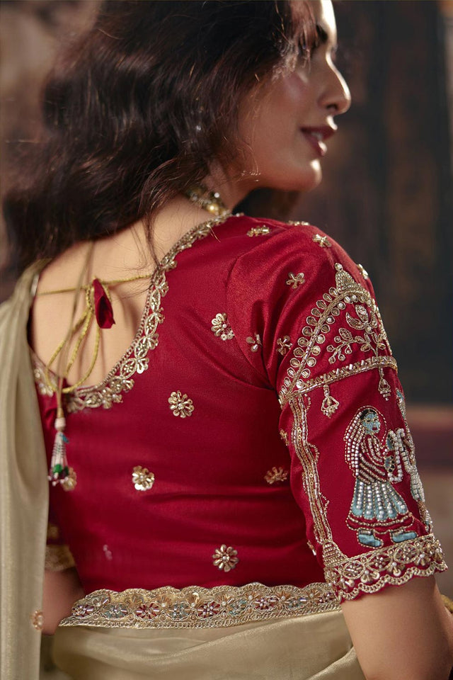 Beige Beads Embossed Organza Saree (ACB1221)