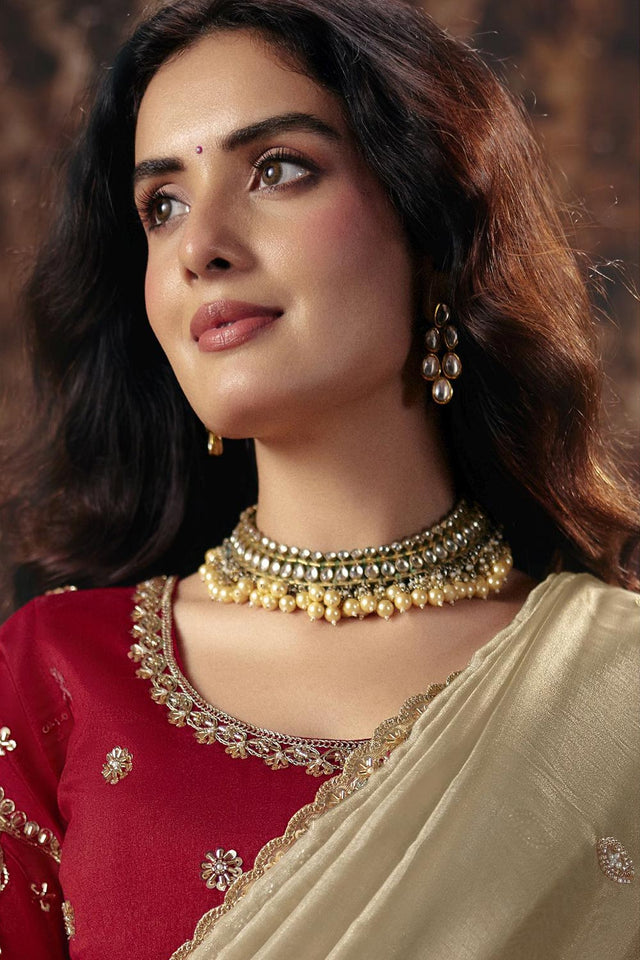 Beige Beads Embossed Organza Saree (ACB1221)