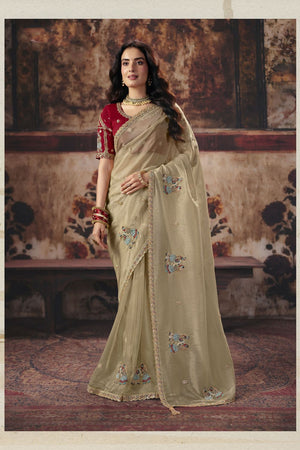 Beige Beads Embossed Organza Saree (ACB1221)