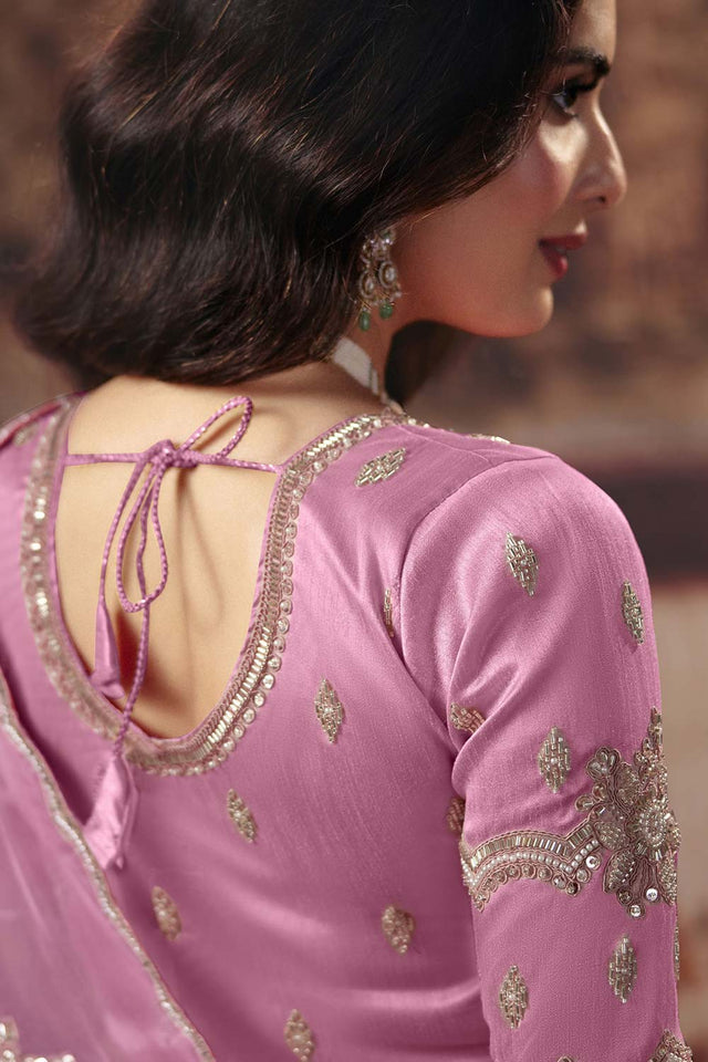 Pink Beads Embossed Organza Saree (ACB1222)
