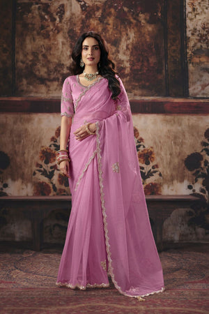 Pink Beads Embossed Organza Saree (ACB1222)