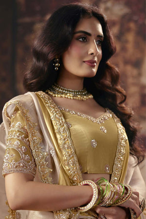 Beige Beads Embossed Satin Saree (ACB1223)