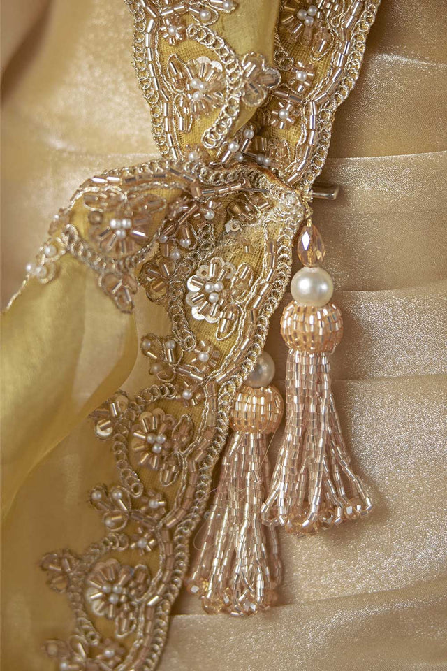 Beige Beads Embossed Satin Saree (ACB1223)