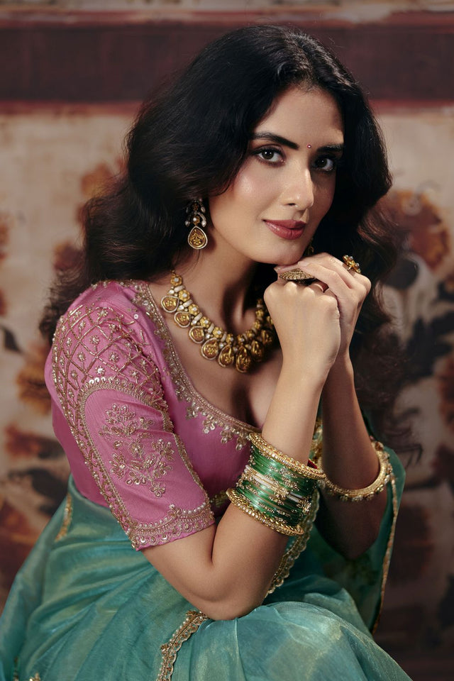 Sea Green Beads Embossed Organza Saree (ACB1224)