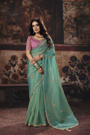 Sea Green Beads Embossed Organza Saree (ACB1224)
