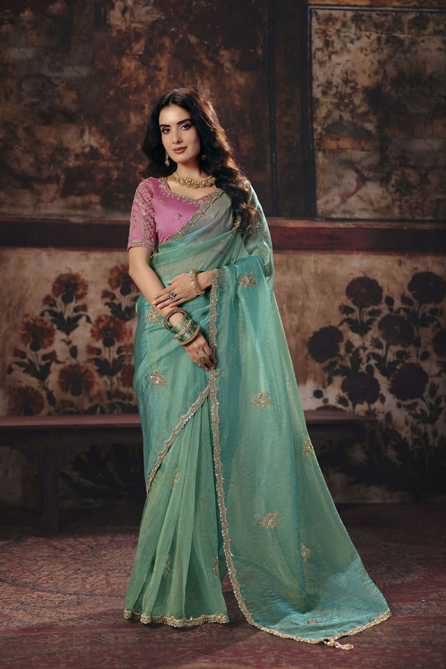 Sea Green Beads Embossed Organza Saree (ACB1224)