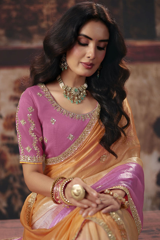 Pink Beads Embossed Satin Saree (ACB1225)
