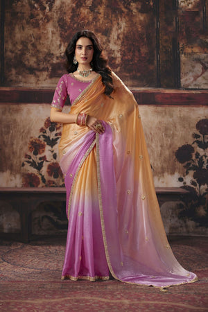 Pink Beads Embossed Satin Saree (ACB1225)