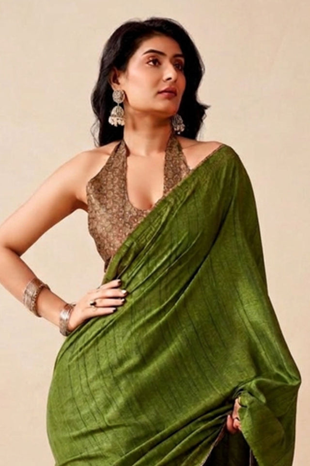 Green Solid Woven Tissue Saree (ACB1226)