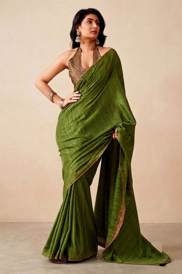 Green Solid Woven Tissue Saree (ACB1226)